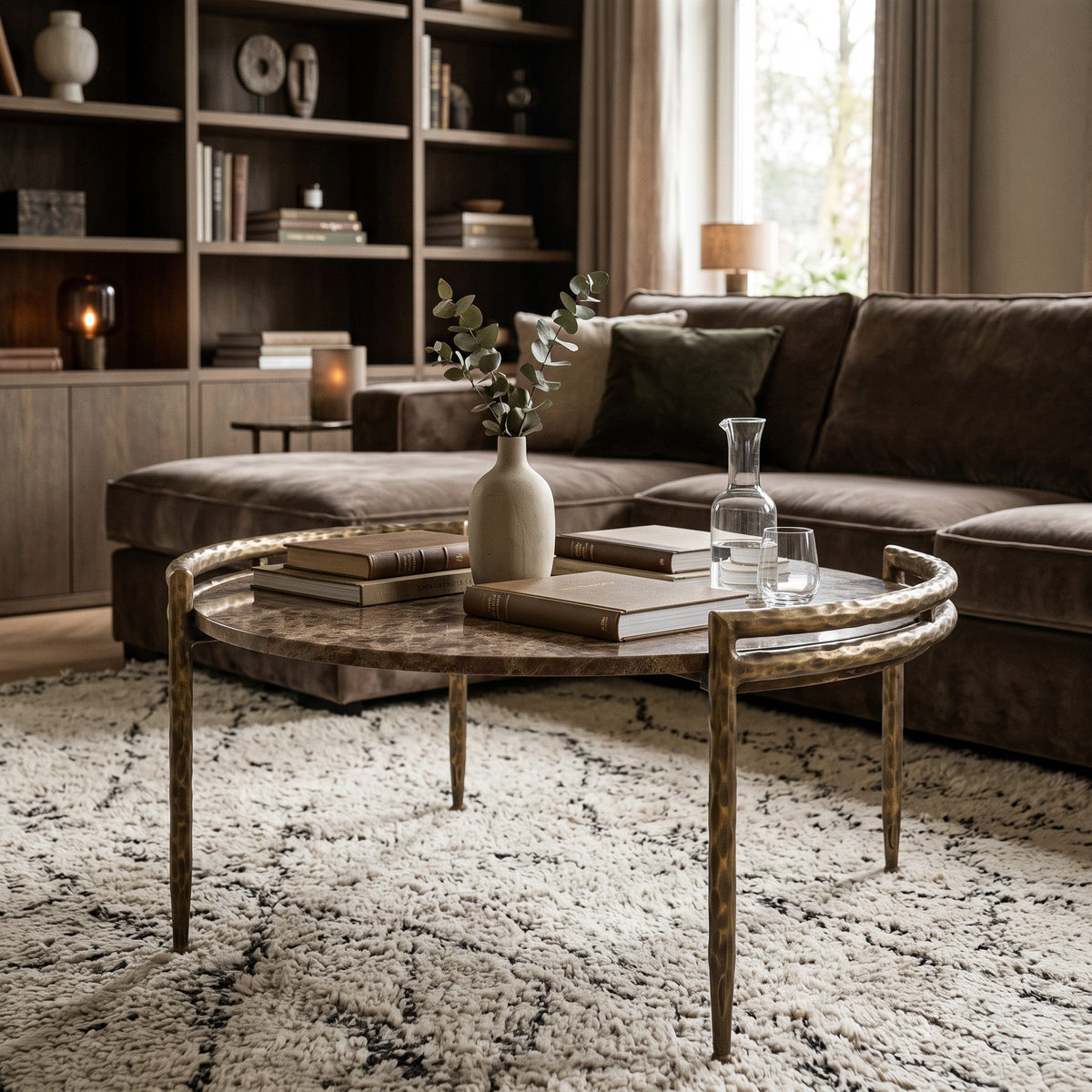 PTMD | Dented Salontafel | Donkerbeige Marmer Rond Messing Onderstel - PTMD - Woonboutique