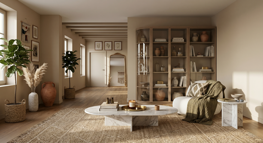 Een sfeervol en zorgvuldig gecureerd modern-organic interieur met een warm juten vloerkleed, een marmeren salontafel, een comfortabele bouclé fauteuil met plaid en een stijlvolle houten vakkenkast, passend bij de woonboutique styling.