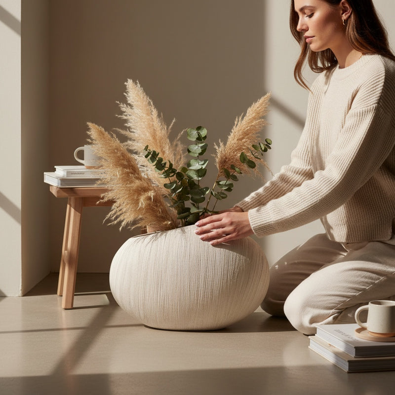 Een vrouw stylet een grote beige vaas gevuld met pluimen en eucalyptus, dienend als navigatielink naar de interieurcollectie met categorieën zoals kaarsen, klokken, kunstplanten, manden, ornamenten, plaids, sierkussens, spiegels, vazen en wanddecoratie.