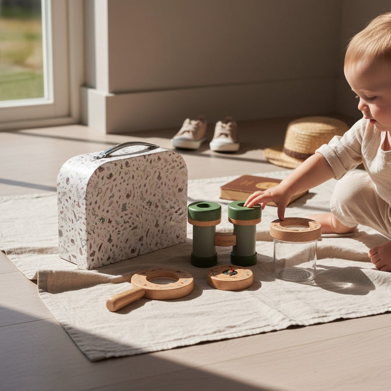 Een kleintje speelt op een kleed in een lichte ruimte met houten ontdekkingsspeelgoed zoals een verrekijker, vergrootglas en kofferset, dienend als navigatielink naar de kids collectie met subcategorieën zoals spelend leren, textiel, tafelen, inrichting, meubilair en verzorging.