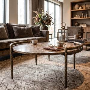 PTMD | Dented Salontafel | Donkerbeige Marmer Rond Messing Onderstel - PTMD - Woonboutique