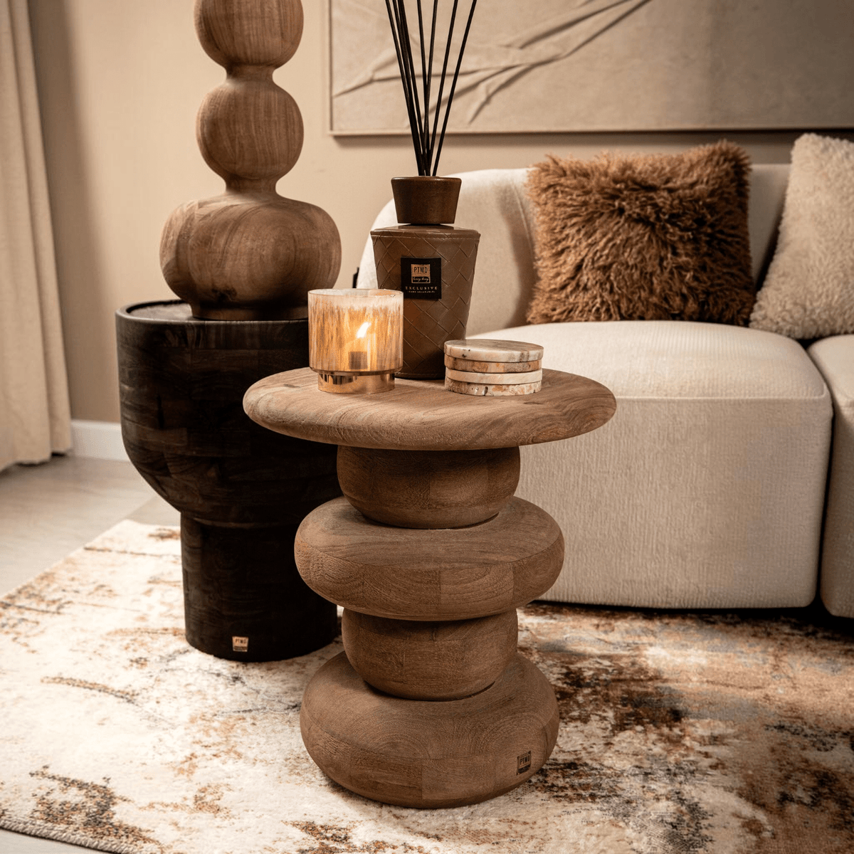 PTMD | Keven Bijzettafel | Naturel Mangohout Geribbeld Rond - PTMD - Woonboutique
