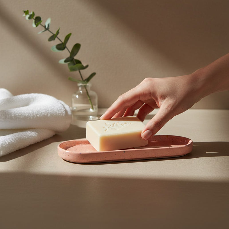 Een roze sierplateau met een stuk zeep, een handdoek en een vaasje met eucalyptus in een sfeervolle badkameropstelling, dienend als navigatielink naar de badderen collectie met subcategorieën zoals badaccessoires, badlinnen, badmanden, badmatten, badmeubelen, geurkaarsen en kandelaars.