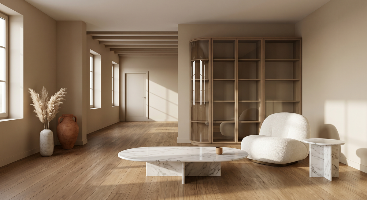 Een sfeervol en licht modern-organic interieur met een houten vloer, een marmeren salontafel, een zachte bouclé fauteuil en een grote glazen vitrinekast, passend bij de transformatie van de ruimte voor Woonboutique.